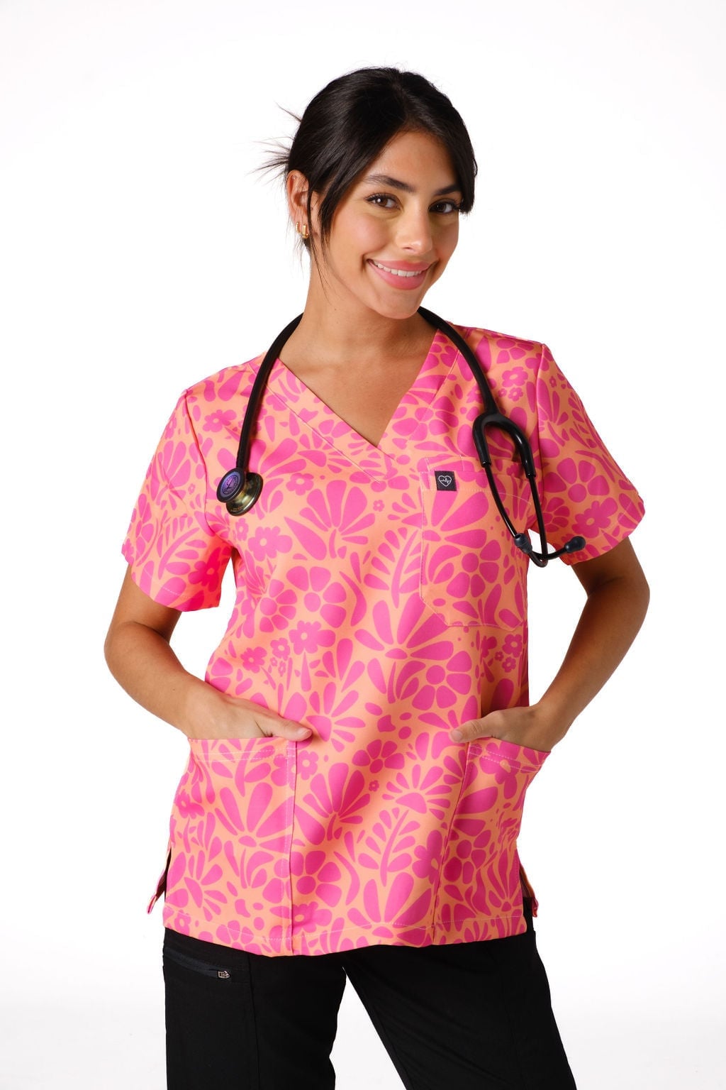 Pink and Orange Floral Print Loose Fit Scrub Top Pink and Orange Floral Print Loose Fit Scrub Top — Cute Scrubs Outfits