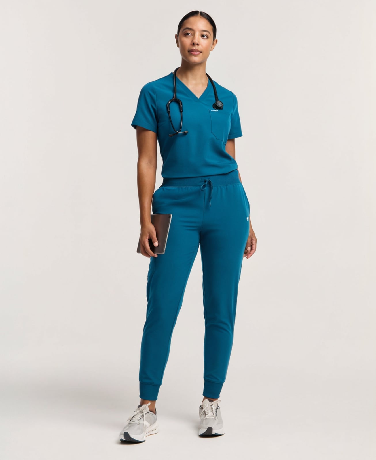 Teal Jogger Scrub Set with Athletic Footwear Teal Jogger Scrub Set with Athletic Footwear — Cute Scrubs Outfits