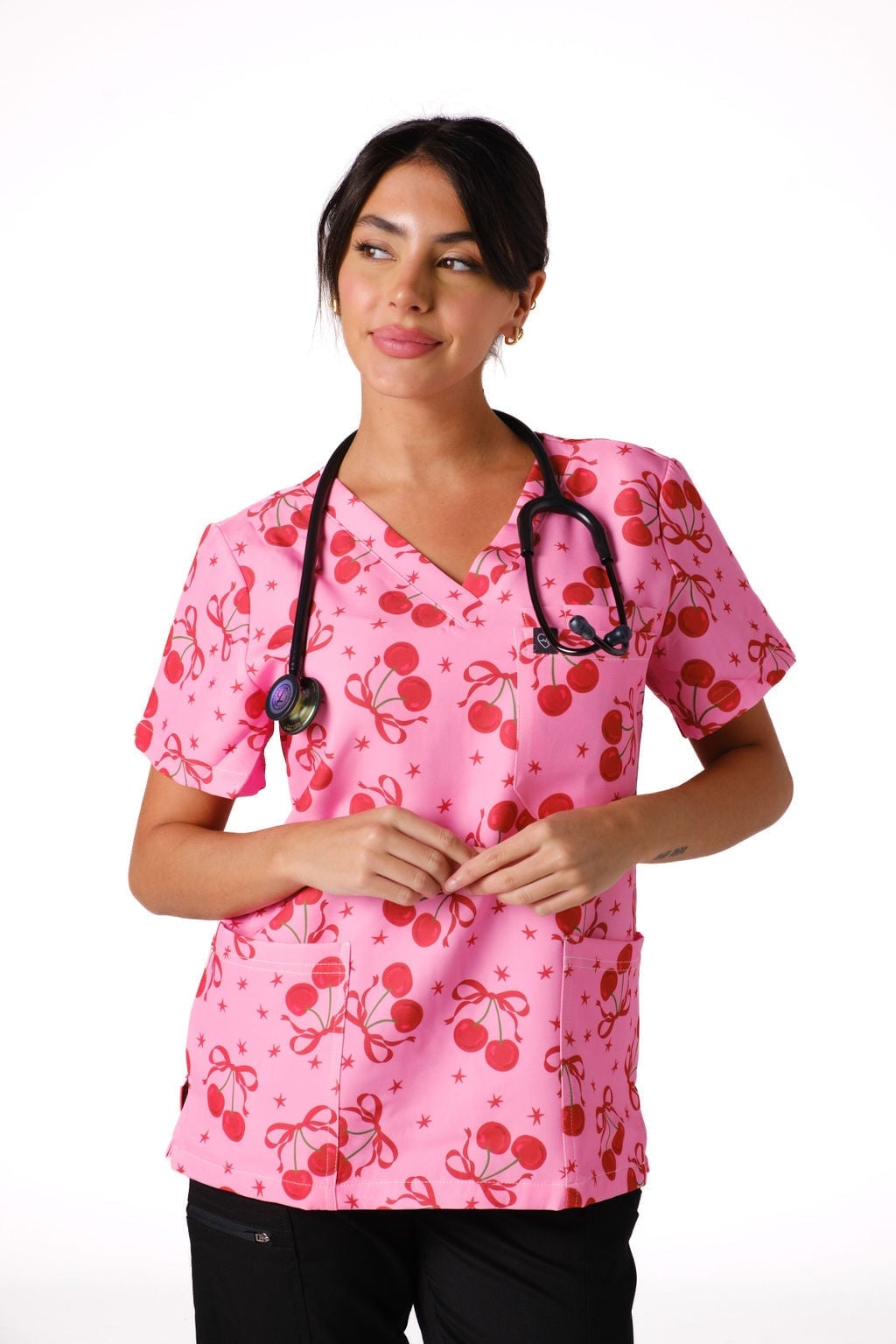 Pink Scrub Top with Cherry Print Detail Pink Scrub Top with Cherry Print Detail — Cute Scrubs Outfits
