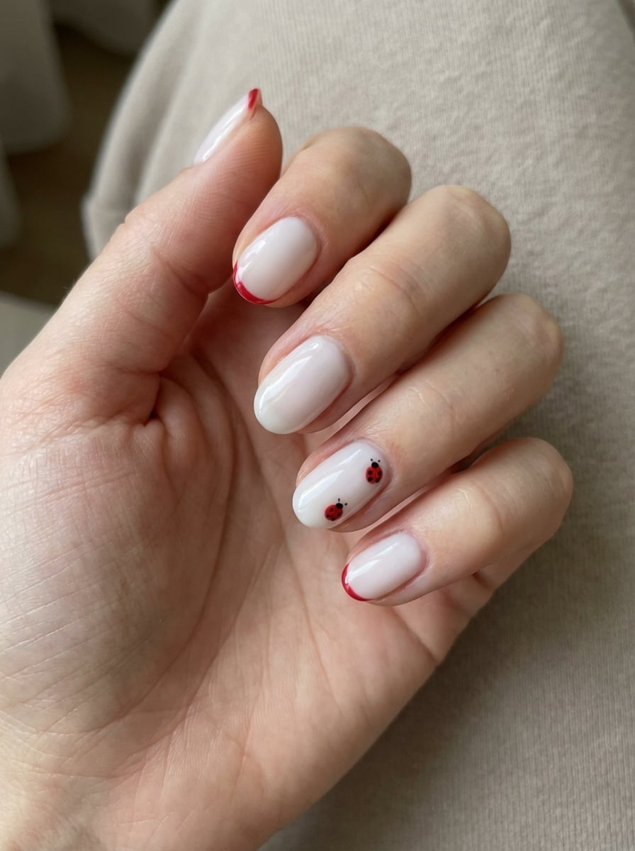 Ladybug French Glossy Short Oval Nails Ladybug French Glossy Short Oval Nails — Cute Short Round Nails