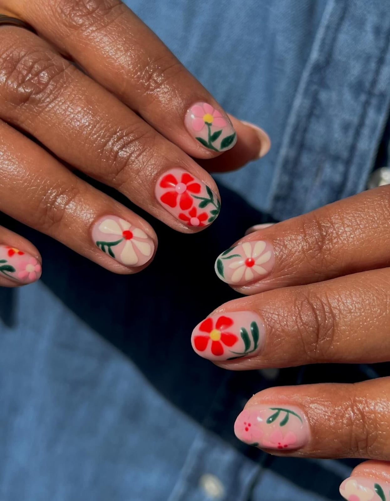 Painted Floral Glossy Short Round Nails Painted Floral Glossy Short Round Nails — Cute Short Round Nails