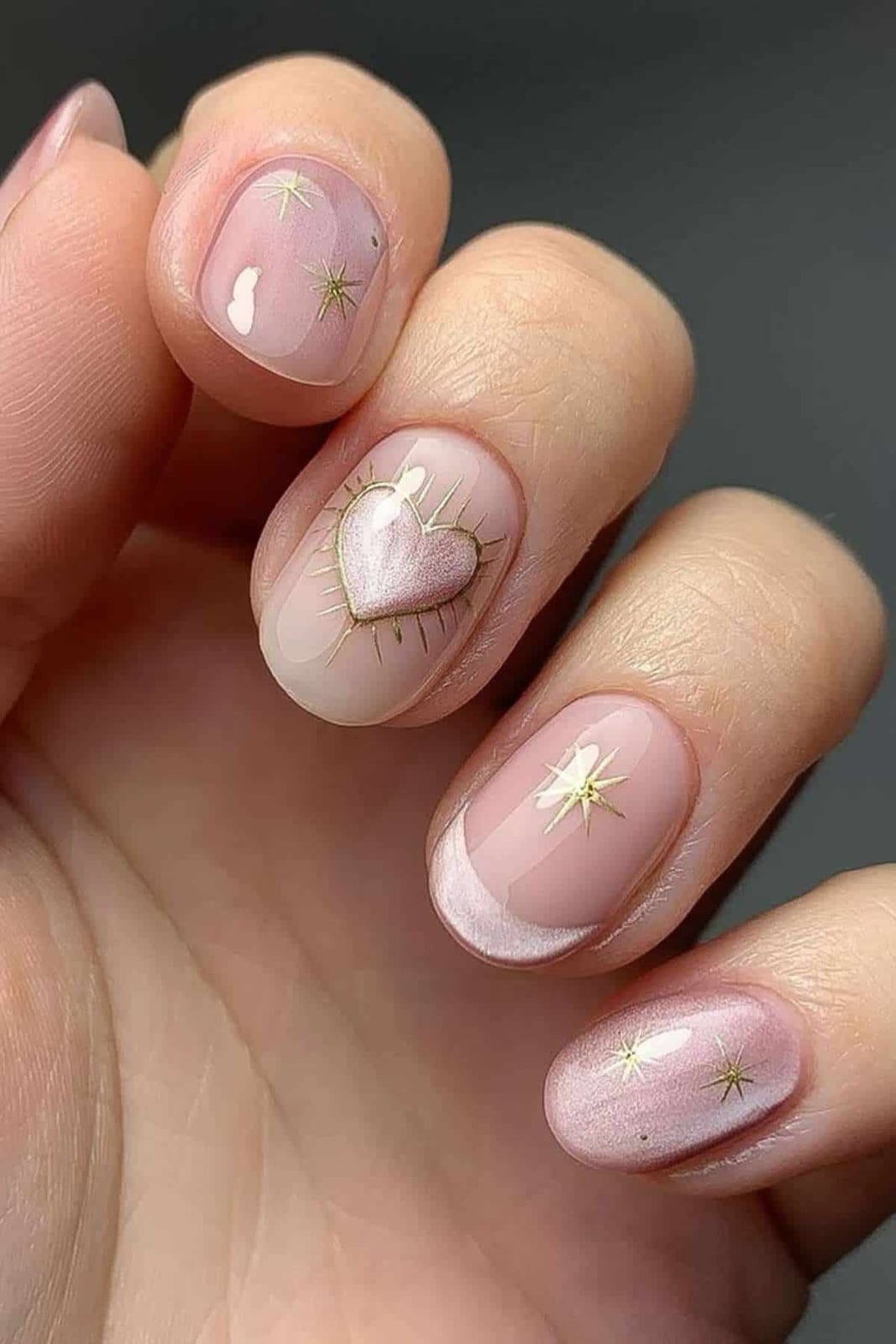 Gold Starburst Heart Glossy Short Round Nails Gold Starburst Heart Glossy Short Round Nails — Cute Short Round Nails