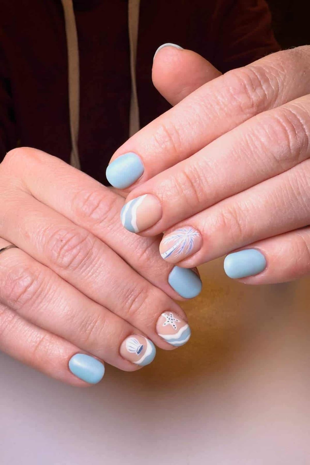 Matte Blue Wave Palm Tree Short Round Nails Matte Blue Wave Palm Tree Short Round Nails — Cute Short Round Nails