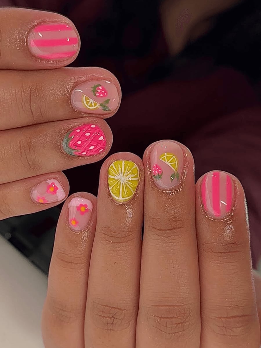 Summer Fruit Floral Stripe Glossy Short Square Nails Summer Fruit Floral Stripe Glossy Short Square Nails — Cute Short Round Nails