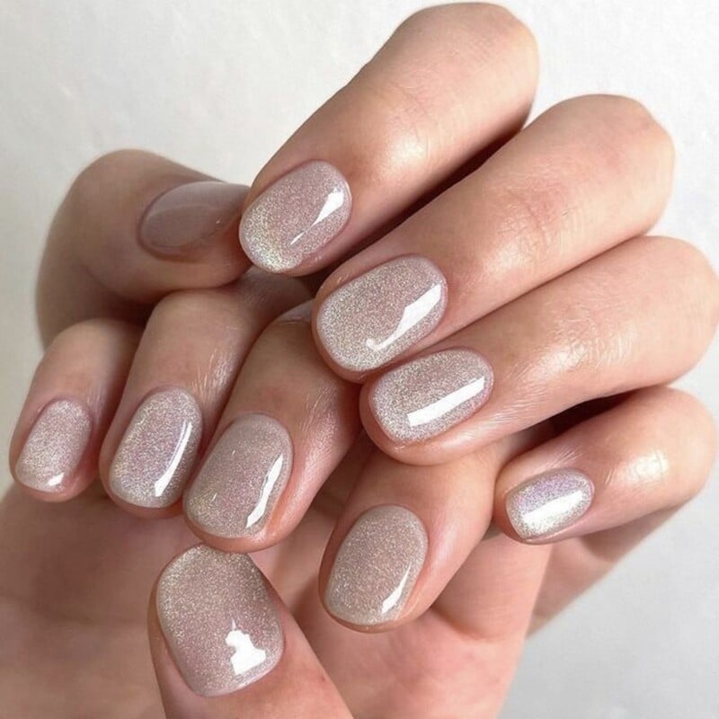 Shimmer Nude Taupe Subtle Glitter Short Round Nails Shimmer Nude Taupe Subtle Glitter Short Round Nails — Cute Short Round Nails