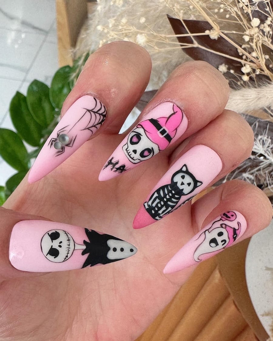 Long Stiletto Pastel Pink Halloween Motifs Long Stiletto Pastel Pink Halloween Motifs — Cute Skull Nails