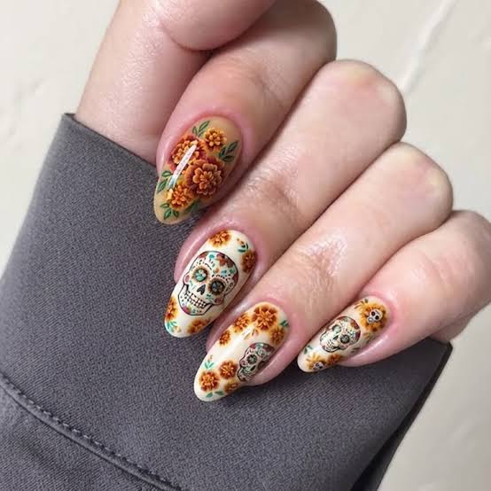 Medium Almond Sugar Skull Marigold Nails Medium Almond Sugar Skull Marigold Nails — Cute Skull Nails