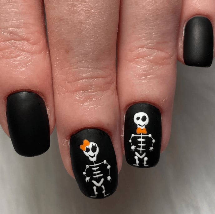 Short Almond Matte Black Skeleton Bow Tie Nails Short Almond Matte Black Skeleton Bow Tie Nails — Cute Skull Nails