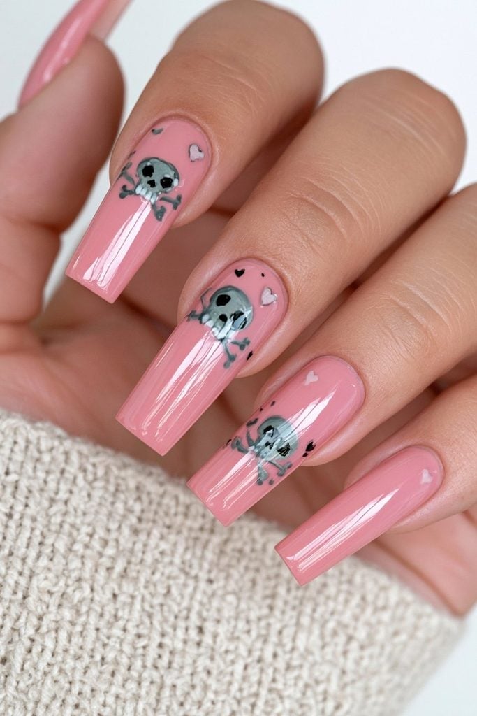 Glossy Pink Long Coffin Skull and Crossbones Glossy Pink Long Coffin Skull and Crossbones — Cute Skull Nails