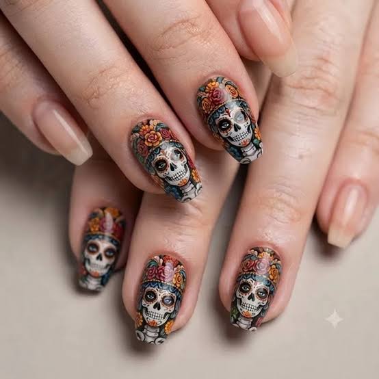Medium Almond Day of the Dead Skulls Medium Almond Day of the Dead Skulls — Cute Skull Nails