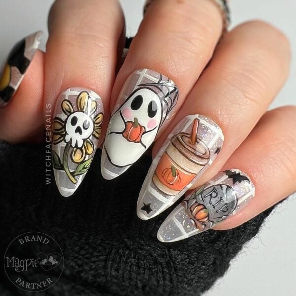Medium Oval Halloween Illustration Nails Medium Oval Halloween Illustration Nails — Cute Skull Nails