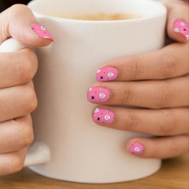 Bright Pink Short Square Skull Pattern Nails Bright Pink Short Square Skull Pattern Nails — Cute Skull Nails