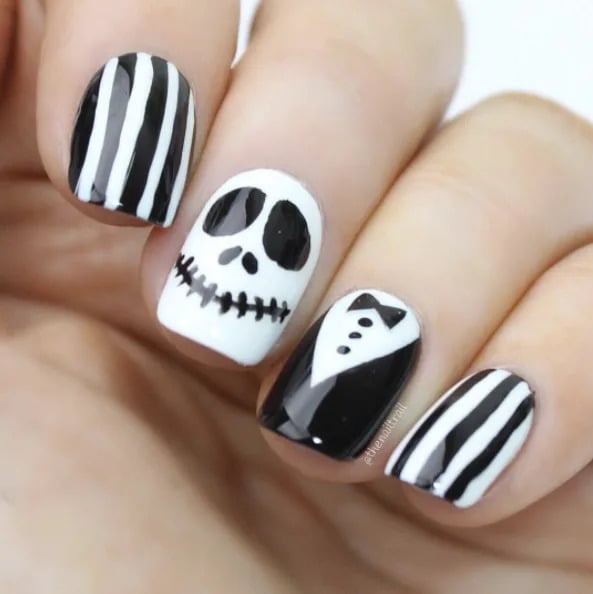 Short Square Jack Skellington Tuxedo Nails Short Square Jack Skellington Tuxedo Nails — Cute Skull Nails
