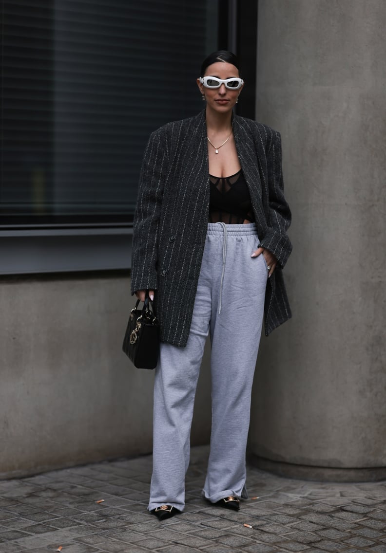 Gray Sweatpants With Pinstripe Blazer Gray Sweatpants With Pinstripe Blazer — Cute Sweatpants Outfit Inspo
