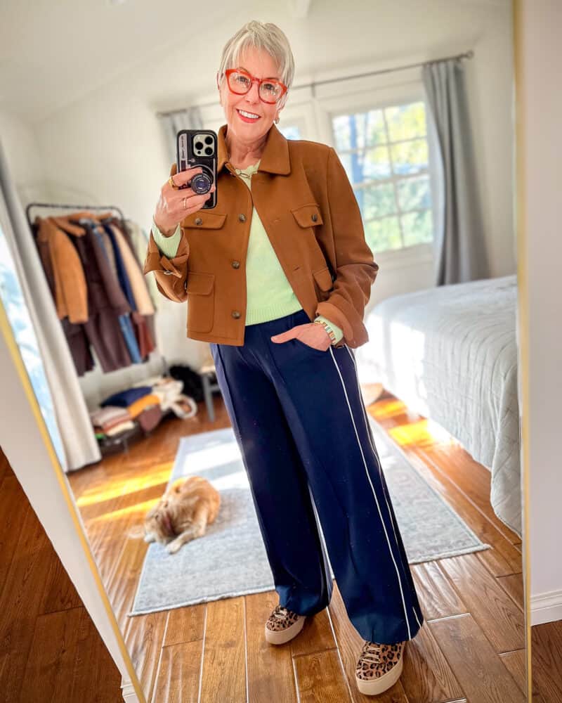 Navy Track Pants With Leopard Sneakers Navy Track Pants With Leopard Sneakers — Cute Sweatpants Outfit Inspo