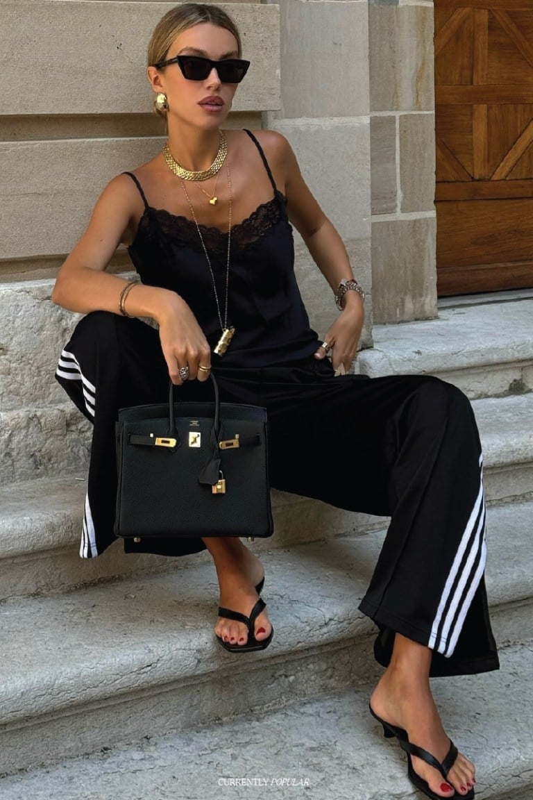 Black Track Pants With Lace Camisole Black Track Pants With Lace Camisole — Cute Sweatpants Outfit Inspo