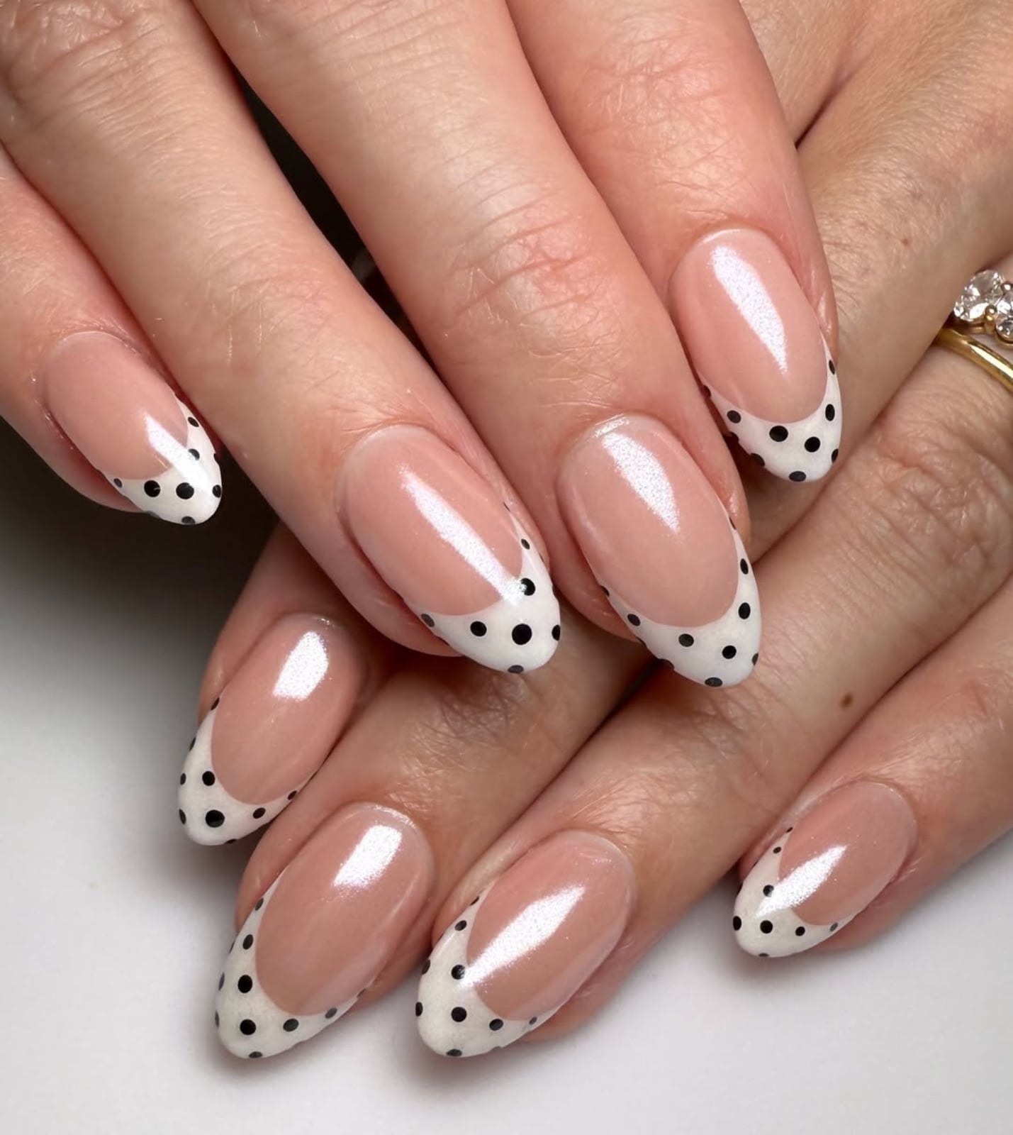 Medium Almond Nude White Polka Dot French Nails — Cute Trendy Nails
