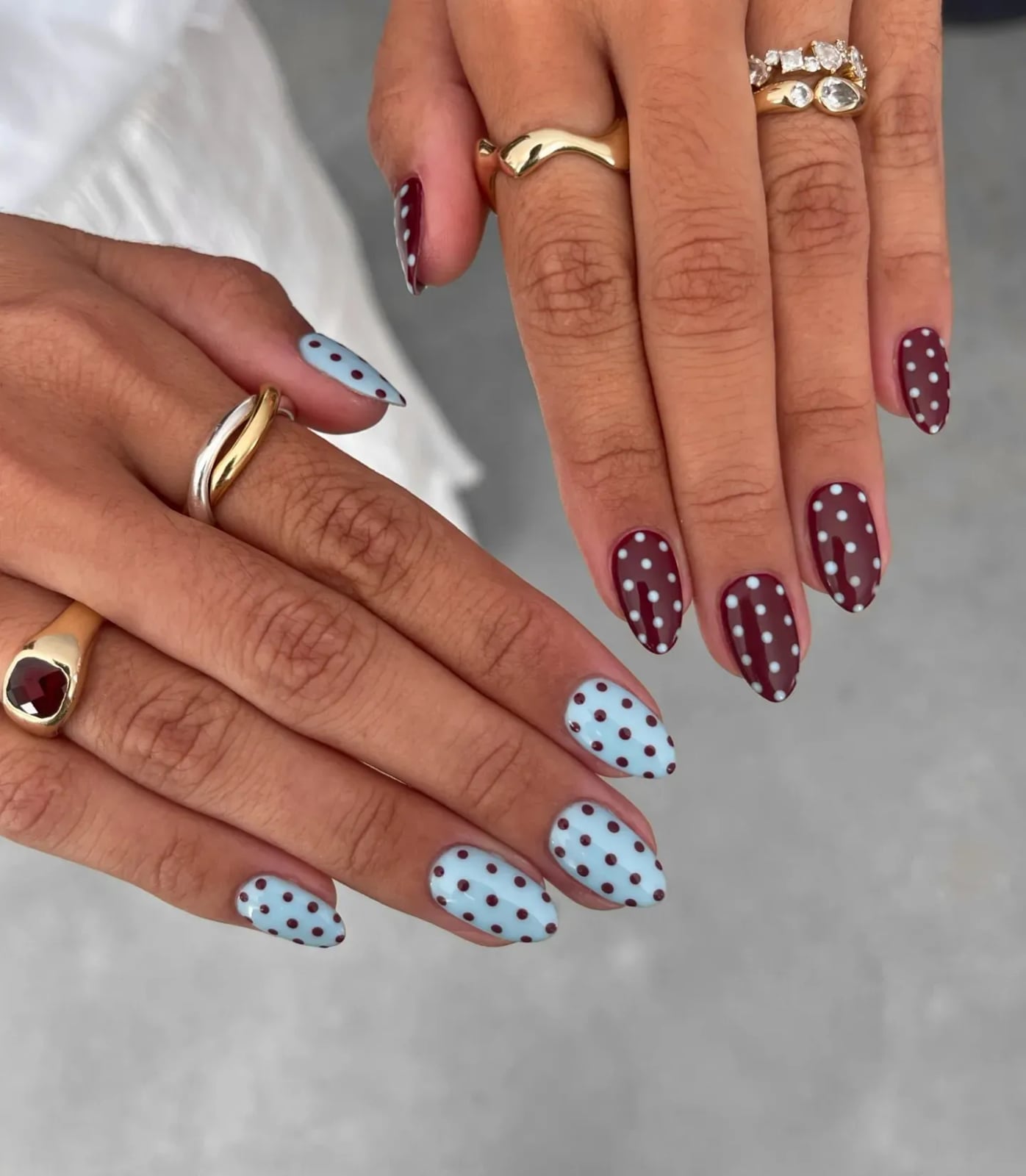 Medium Almond Burgundy Light Blue Polka Dot Nails — Cute Trendy Nails