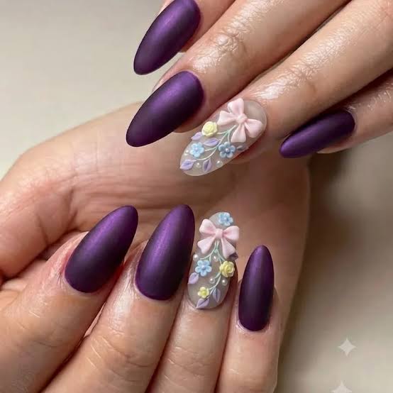 Short Almond Deep Purple Matte Velvet Nails — Cute Trendy Nails