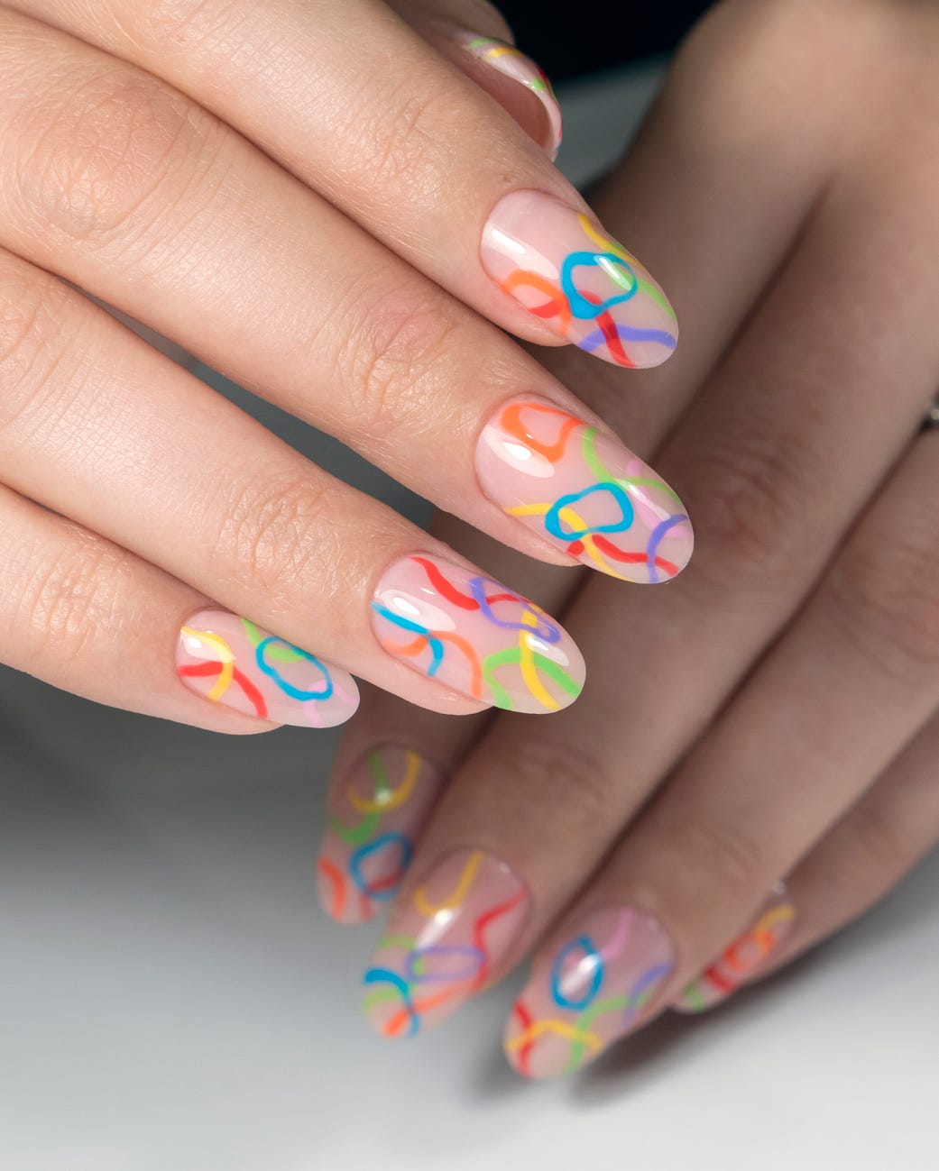 Medium Almond Abstract Colorful Line Nails — Cute Trendy Nails