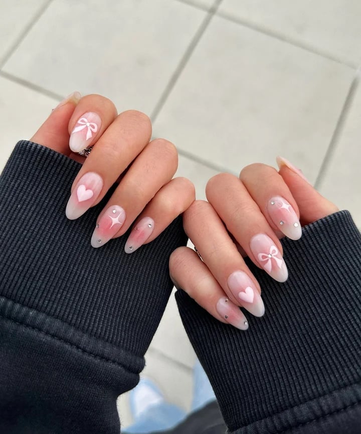 Medium Almond Sheer Pink 3D Bow Heart Nails — Cute Trendy Nails