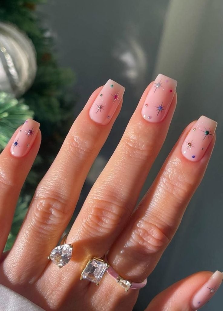 Medium Square Milky Pink Star Rhinestone Nails — Cute Trendy Nails