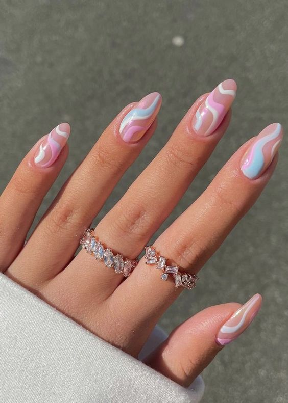 Short Almond Pastel Wavy Line Nails — Cute Trendy Nails