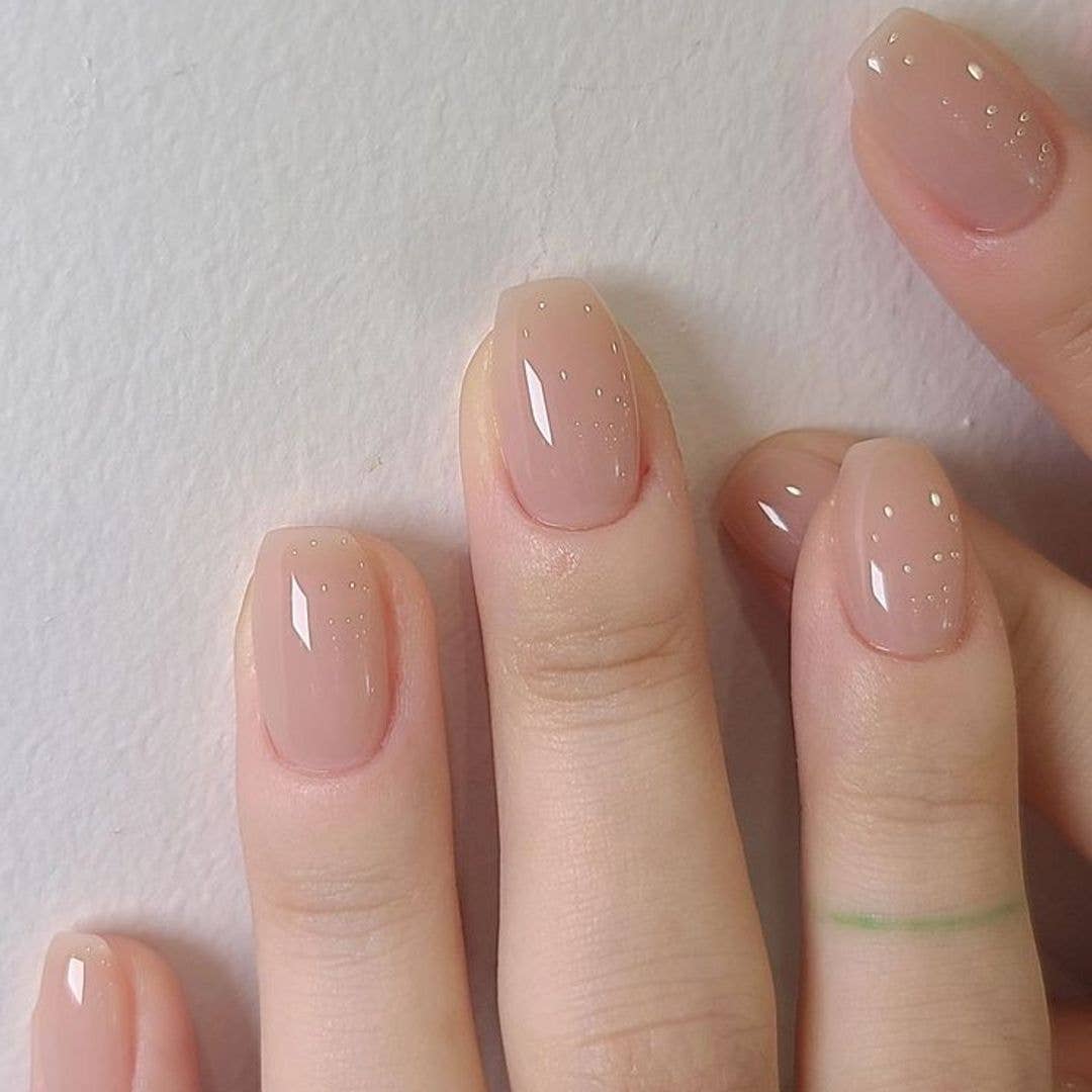 Short Square Milky Nude Tiny Dot Nails — Cute Trendy Nails