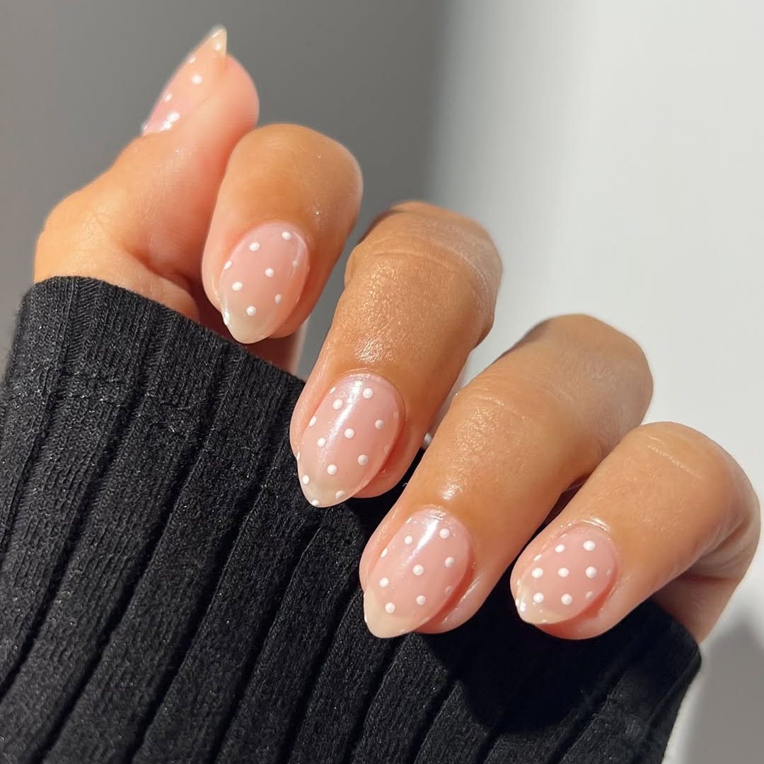 Medium Almond Sheer Nude White Polka Dot Nails, Close-Up Take — Cute Trendy Nails