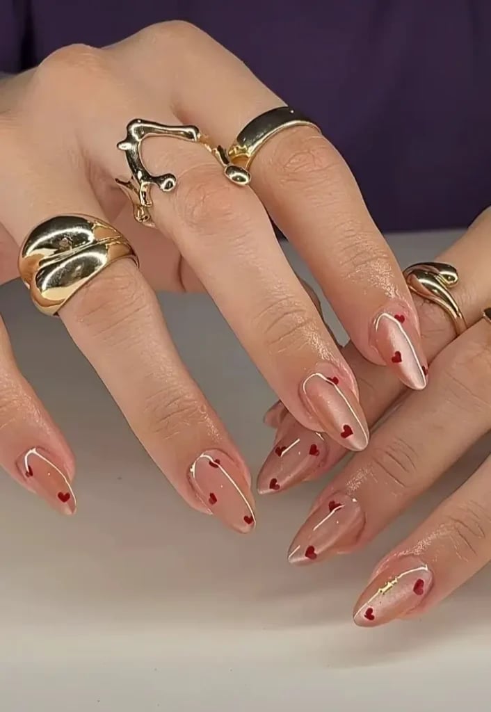 Medium Almond Sheer Nude Heart Nails — Cute Trendy Nails