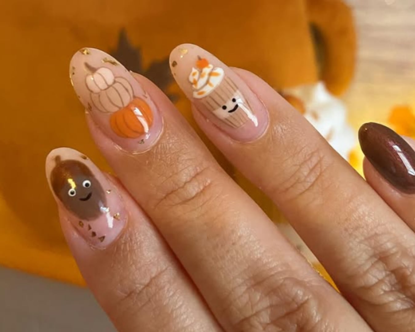 Medium Almond Autumn Themed Art Nails — Cute Trendy Nails