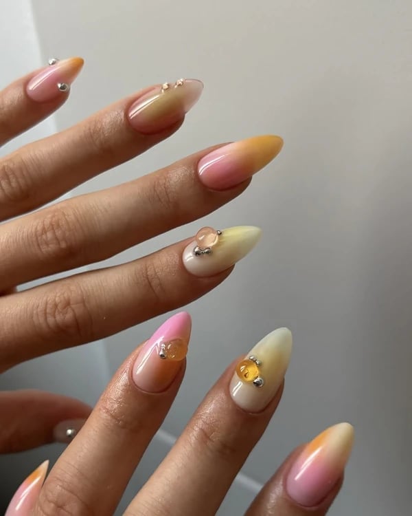 Long Stiletto Pink Yellow White Gem Nails — Cute Trendy Nails