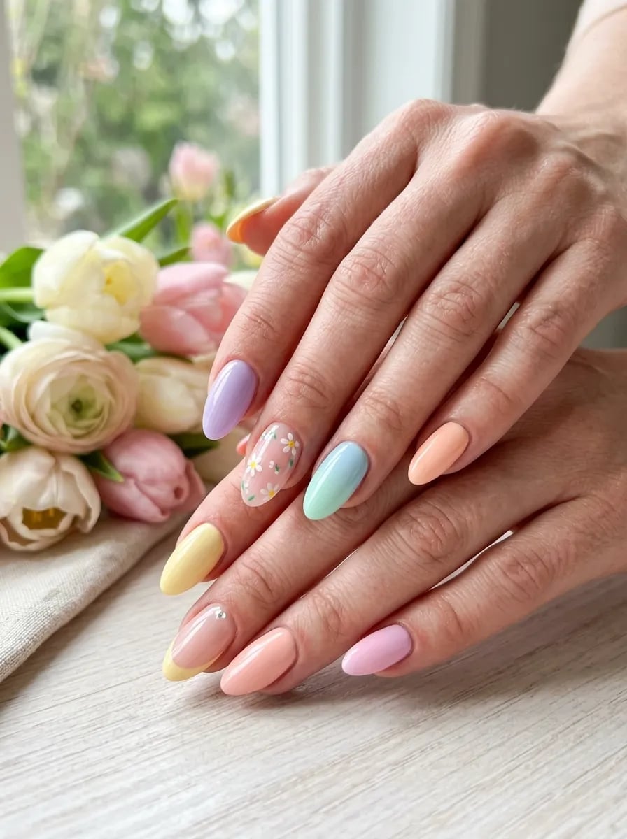 Medium Almond Pastel Mix Daisy French Nails — Cute Trendy Nails