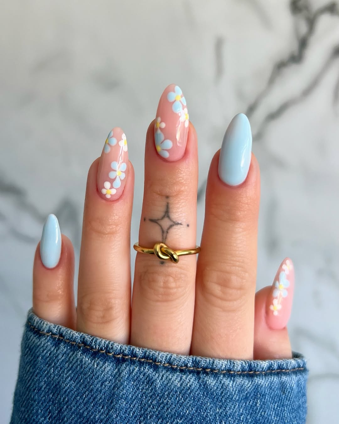 Medium Almond Sheer Pink Floral Blue Nails — Cute Trendy Nails