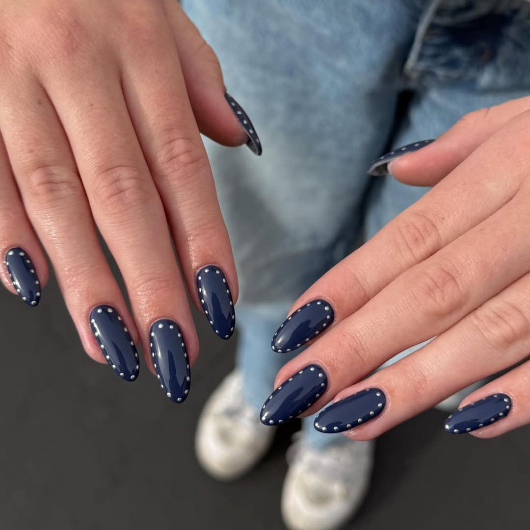 Medium Almond Navy Blue Studded Nails — Cute Trendy Nails