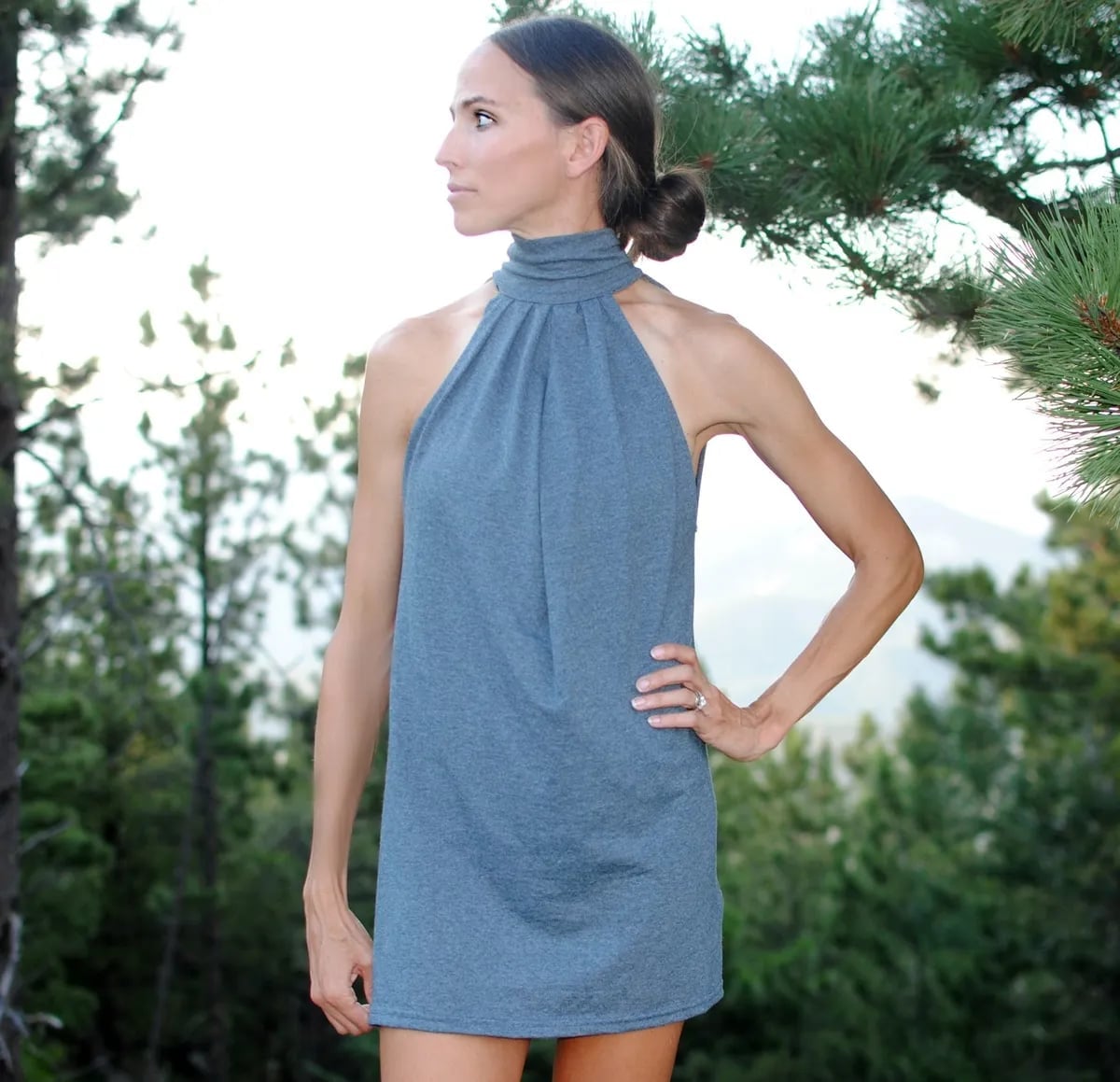 Muted Blue Jersey Knit Halter Dress Muted Blue Jersey Knit Halter Dress — DIY Dress Designs