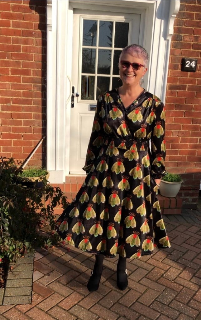 Black Satin Dress with Fly Print Black Satin Dress with Fly Print — DIY Dress Designs
