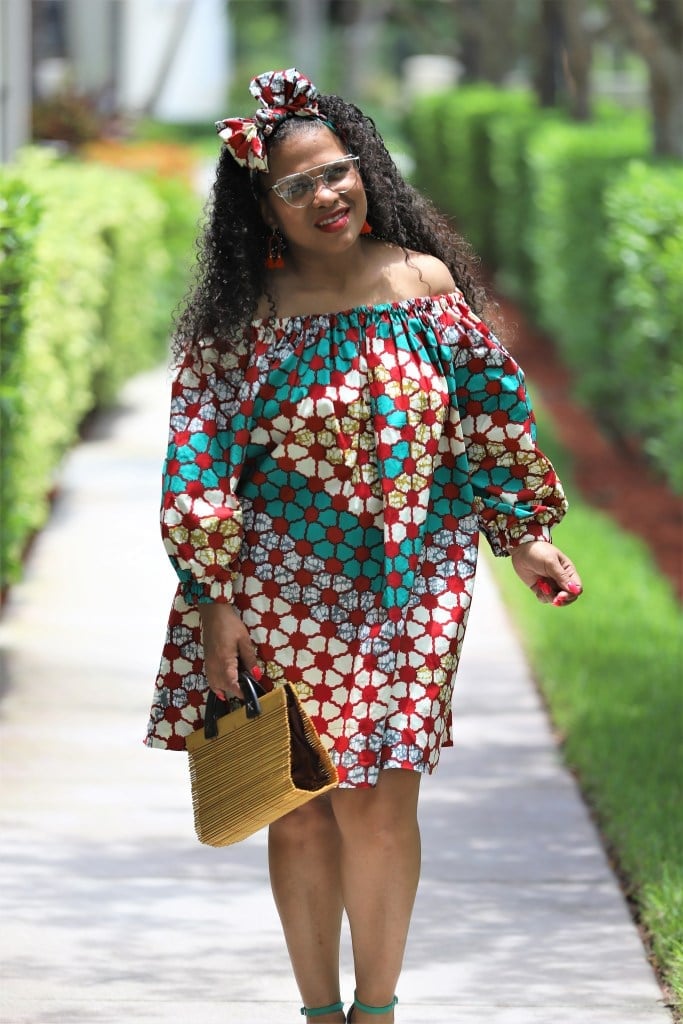 Red White Blue Green Geometric Floral Off Shoulder Dress Red White Blue Green Geometric Floral Off Shoulder Dress — DIY Dress Designs