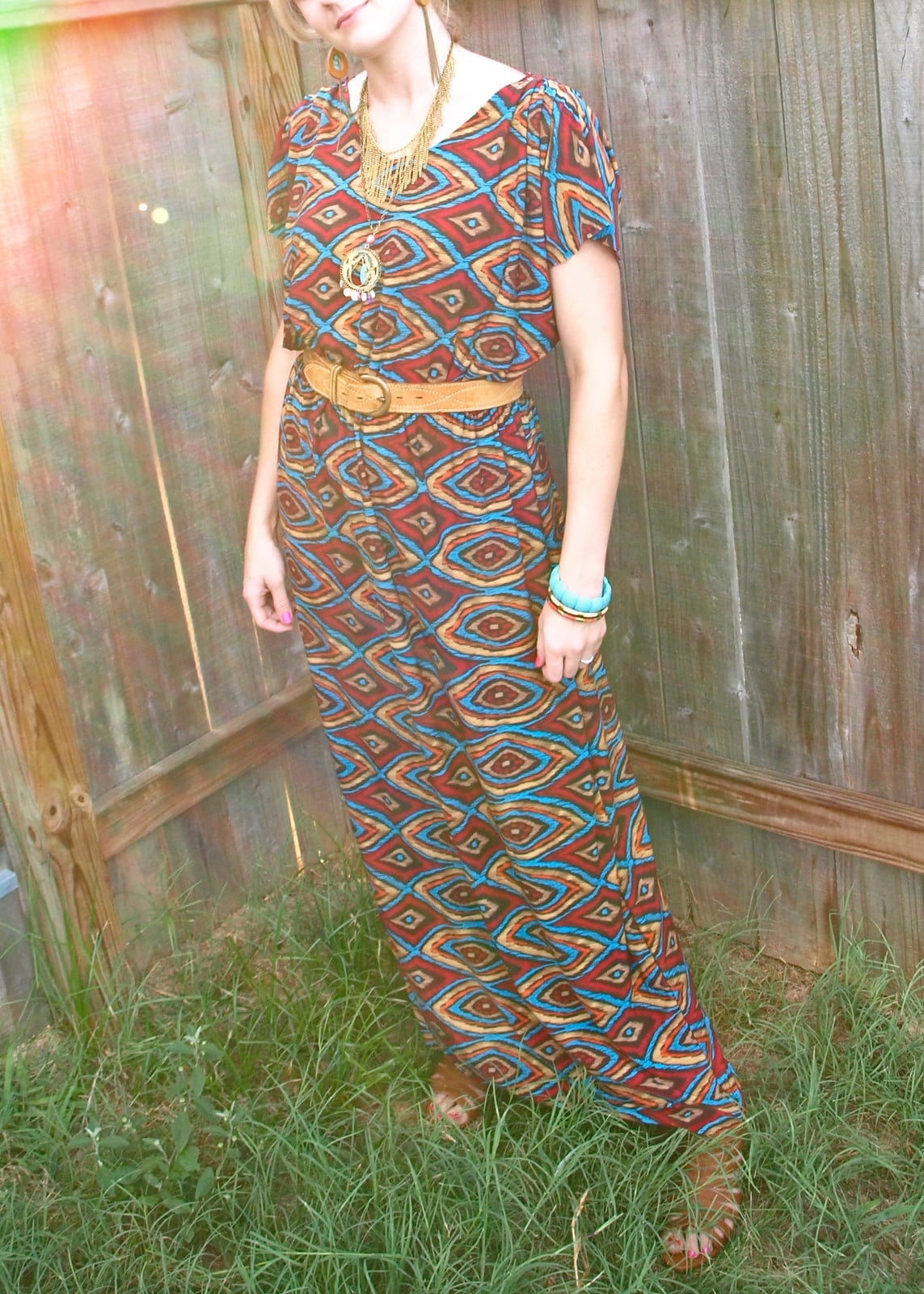 Brown Blue Orange Red Patterned Maxi Dress Brown Blue Orange Red Patterned Maxi Dress — DIY Dress Designs