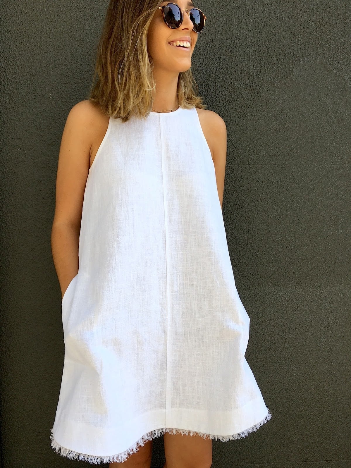 White Linen Shift Dress with Frayed Hem White Linen Shift Dress with Frayed Hem — DIY Dress Designs
