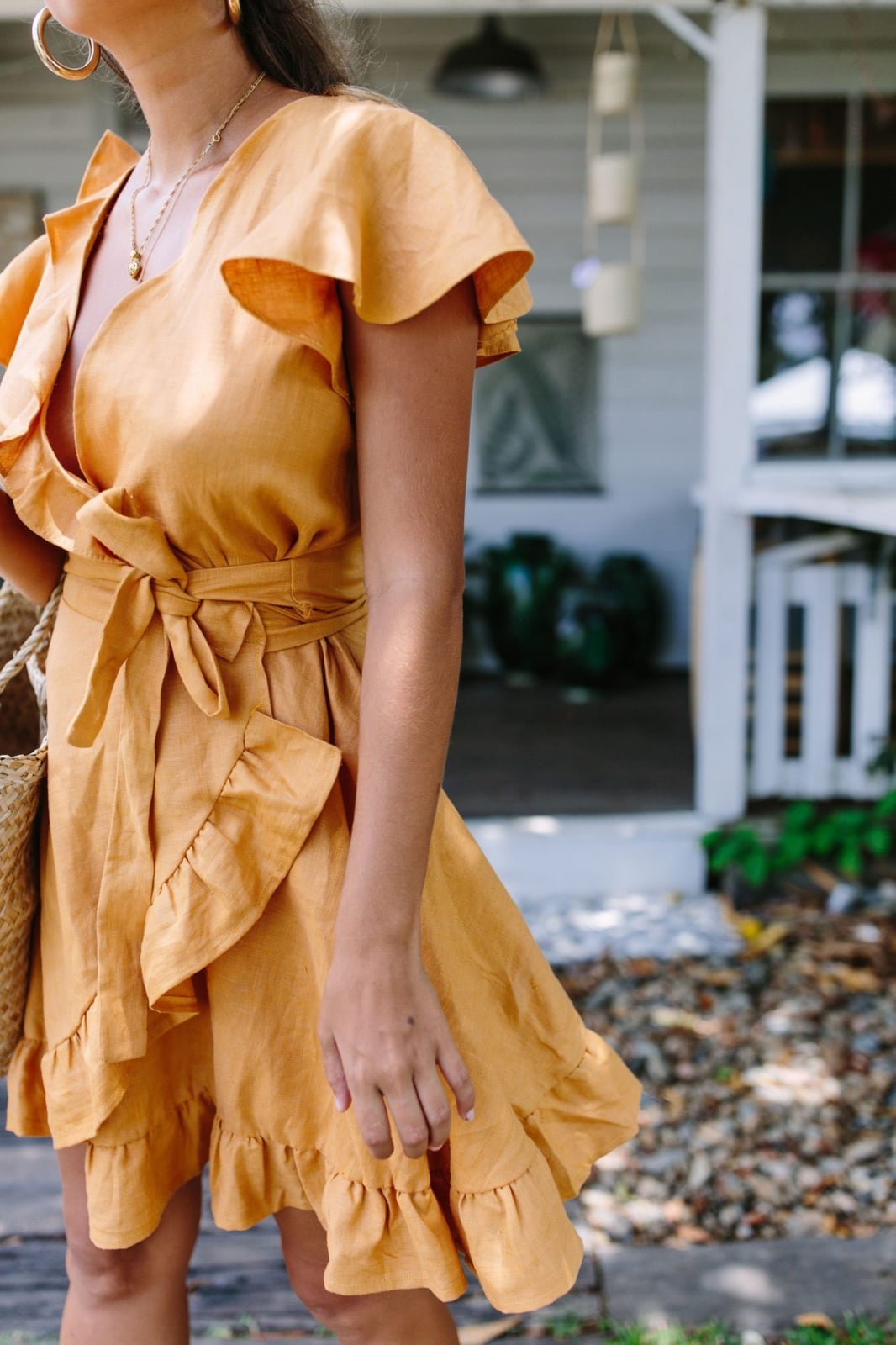 Ochre Yellow Linen Wrap Dress with Ruffles Ochre Yellow Linen Wrap Dress with Ruffles — DIY Dress Designs
