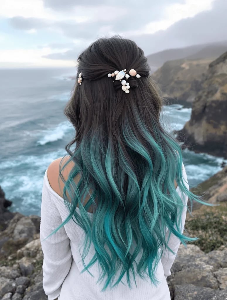 Mid-Back Dark Base With Teal Ombre — Dye Hair Inspiration