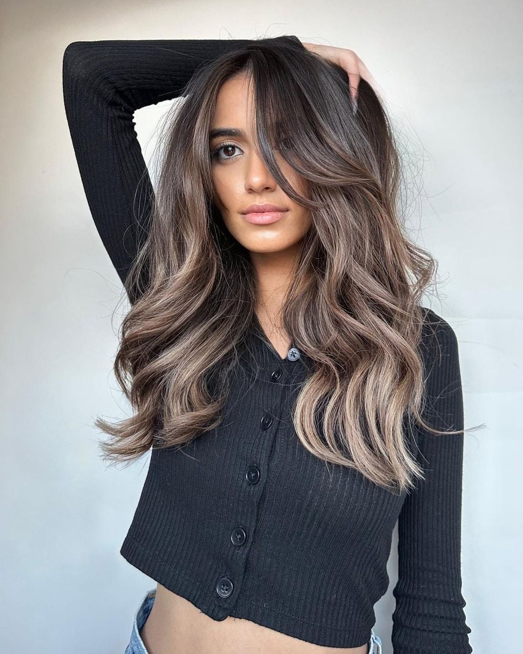 Mid-Back Ash Blonde Balayage With Curtain Bangs — Dye Hair Inspiration