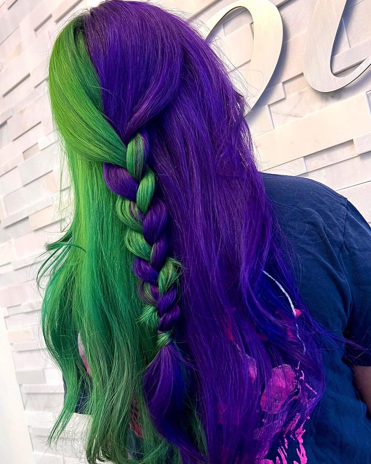 Mid-Back Split Dye Green And Purple — Dye Hair Inspiration