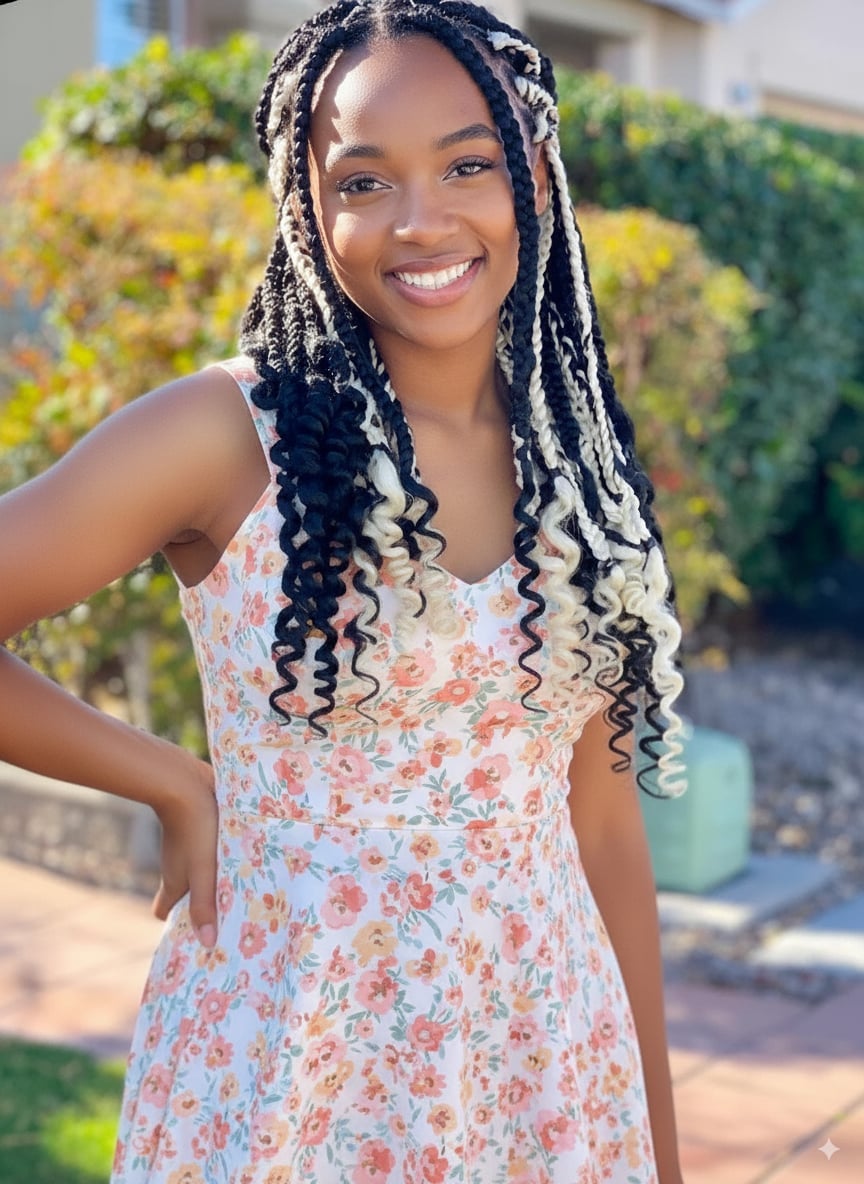 Mid-Back Box Braids With Blonde Highlights and Curls — Easy Braided Hairstyles Natural Hair