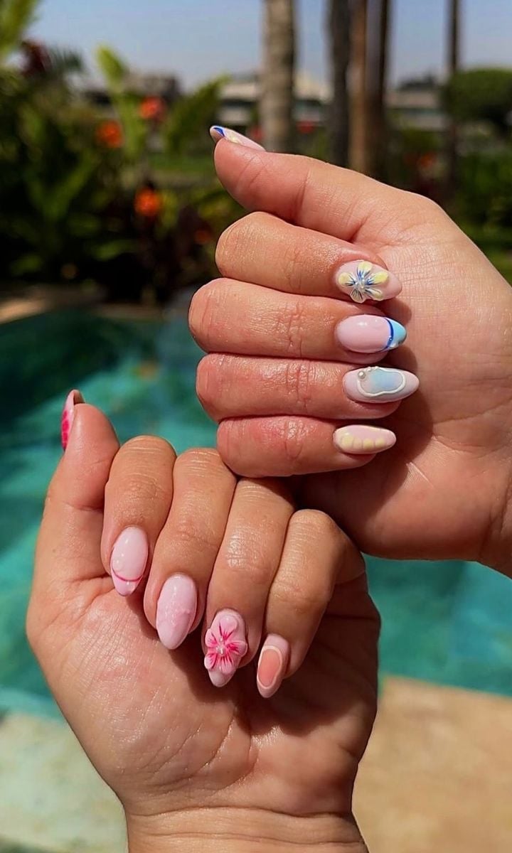 Medium Almond Floral and Pearl Accents Medium Almond Floral and Pearl Accents — Easy Nail Art Ideas