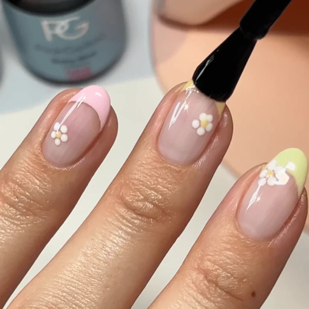 Short Almond Pink Yellow French 3D Flowers Short Almond Pink Yellow French 3D Flowers — Easy Nail Art Ideas