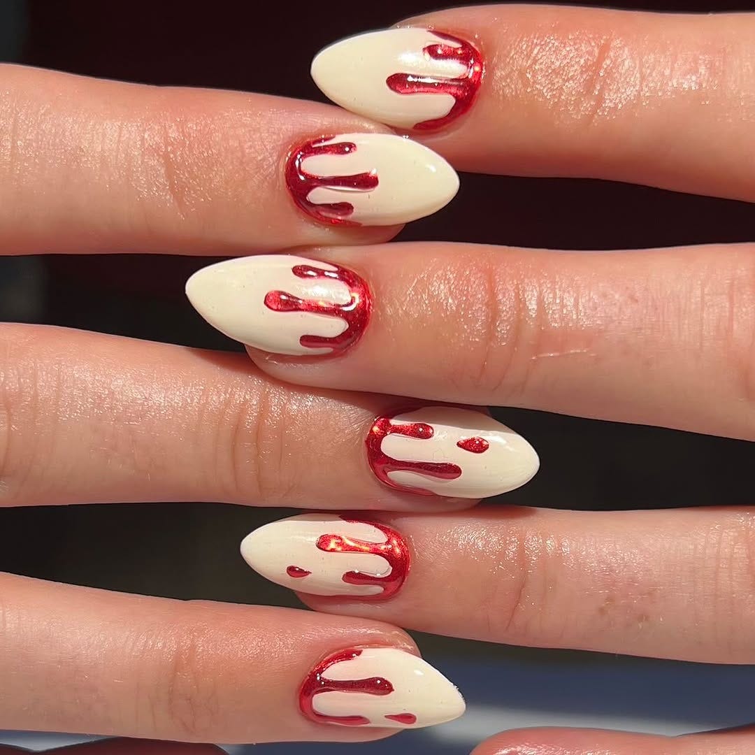 Short Almond Off-White Dripping Blood Effect Short Almond Off-White Dripping Blood Effect — Easy Nail Art Ideas