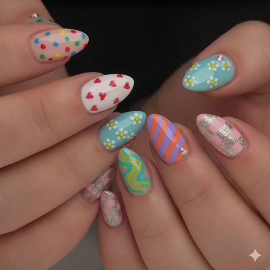 Short Almond Playful Mixed Designs Short Almond Playful Mixed Designs — Easy Nail Art Ideas