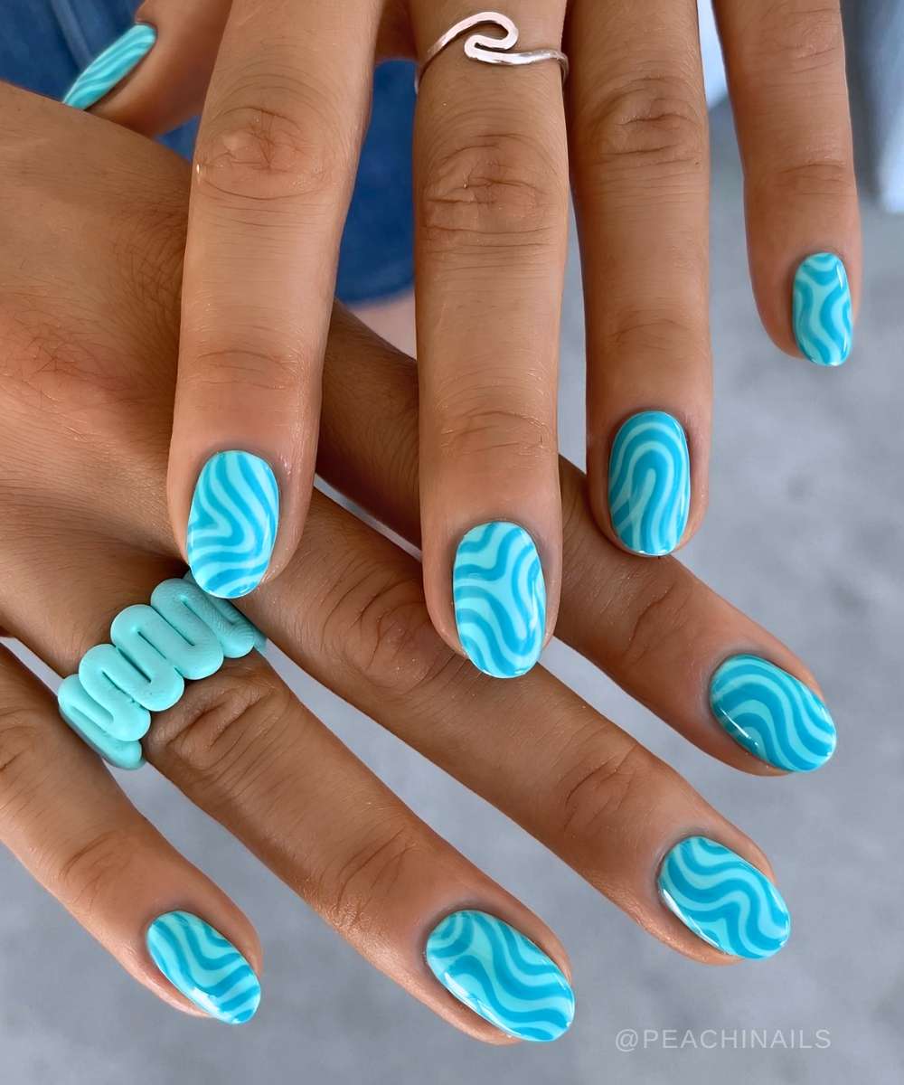 Two Tone Blue Wave Pattern Short Oval Nails Two Tone Blue Wave Pattern Short Oval Nails — Easy Wave Nails